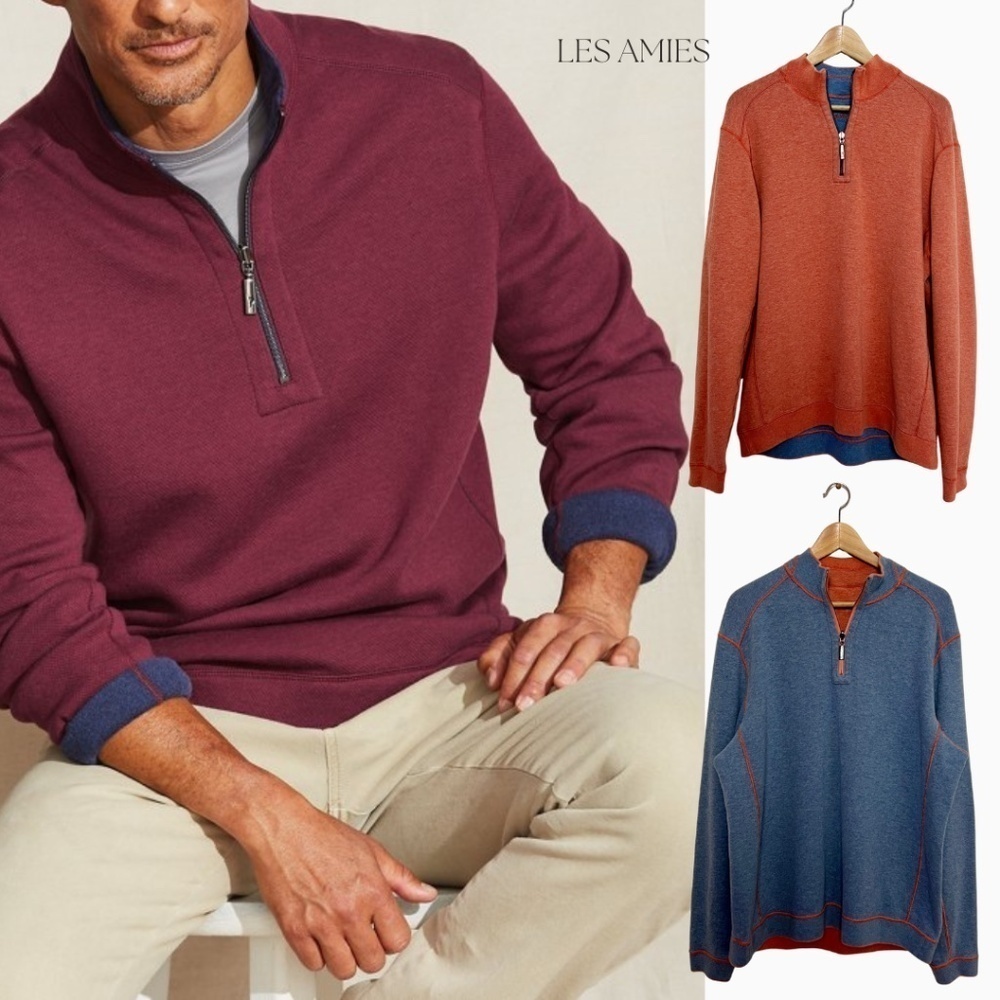 Tommy Bahama Flipshore Reversible Pullover Halfzip Blue Sweater Sweatshirt L